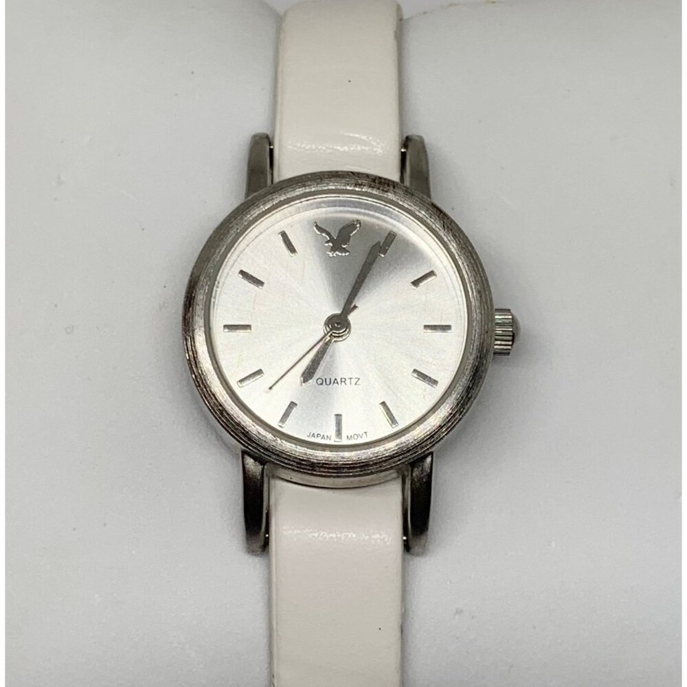 American eagle women’s watch 23mm silver tone dial white leather band running